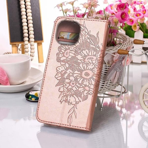 iPhone 14 Plus Pung Etui Sommerfugl Blomst Præget - Rose Guld