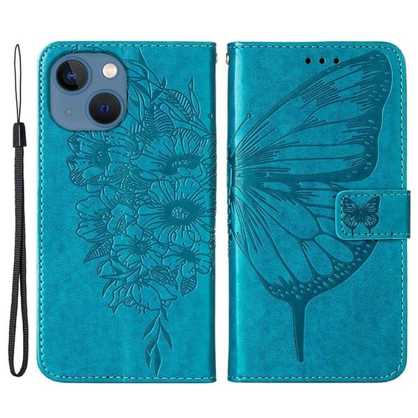 iPhone 14 Plus Pung Etui Butterfly Flower Imprinted - Blå