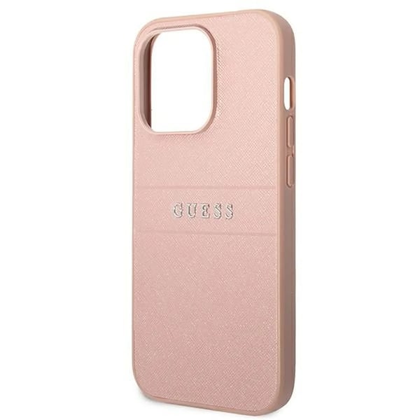 GUESS iPhone 14 Pro Max Cover Glitter Flakes Script Metal Logo - Pink