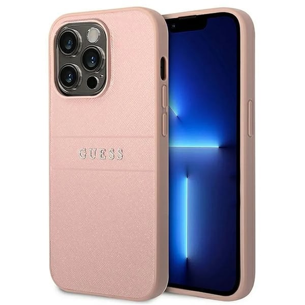 GUESS iPhone 14 Pro Max Cover Glitter Flakes Script Metal Logo - Pink
