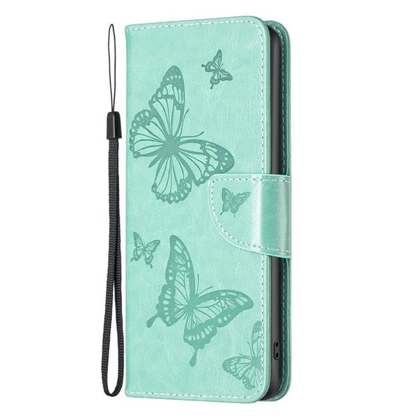 iPhone 14 Plus Pung Etui Sommerfugl Præget - Turkis