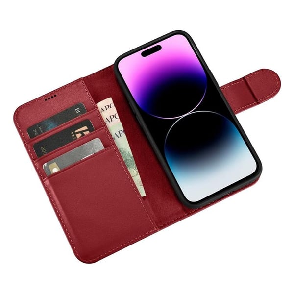 iCarer iPhone 14 Pro Max Plånboksfodral 2in1 Anti-RFID Äkta Läder - Röd