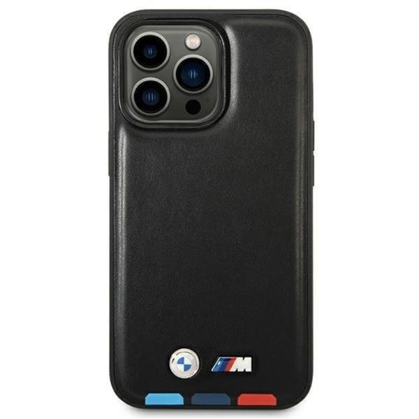 BMW iPhone 14 Pro Skal Magsafe Läder Stamp Tricolor - Svart