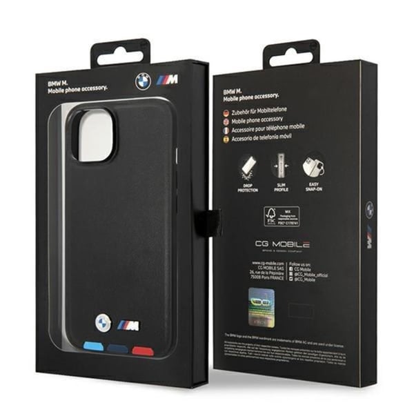 BMW iPhone 14 Plus Skal Läder Stamp Tricolor - Svart