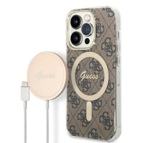 GUESS iPhone 14 Pro Magsafe Skal Print + Trådlös Laddare - Brun