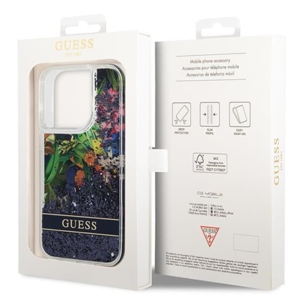 GUESS iPhone 14 Pro Skal Flower Liquid Glitter - Blå