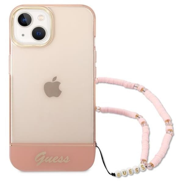 GUESS iPhone 14 Plus Skal Translucent Pearl Strap - Rosa