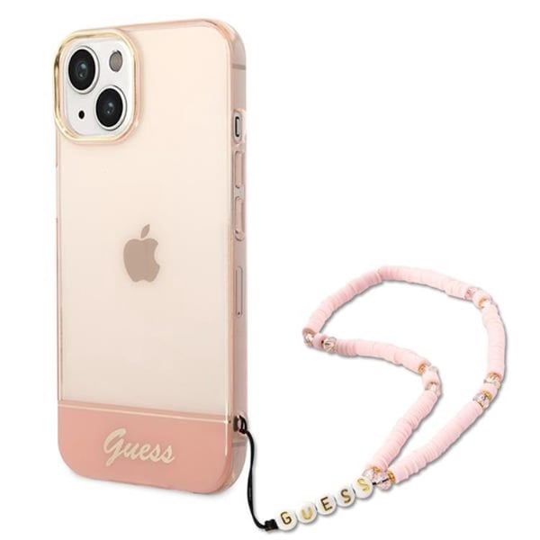 GUESS iPhone 14 Plus Skal Translucent Pearl Strap - Rosa