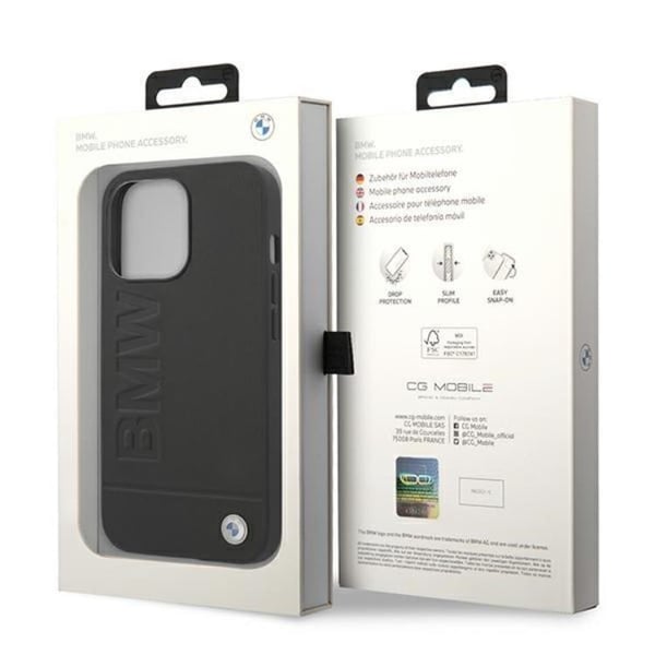 BMW iPhone 14 Pro Max Skal Läder Stamp - Svart