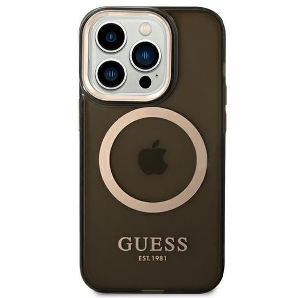 GUESS iPhone 14 Pro Skal MagSafe Gold Outline Translucent - Svart
