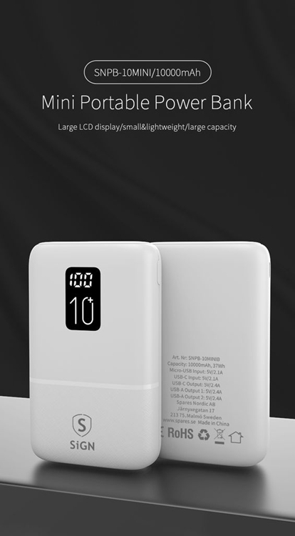 SiGN Mini Q.C Powerbank med Display 10.000mAh - Vit