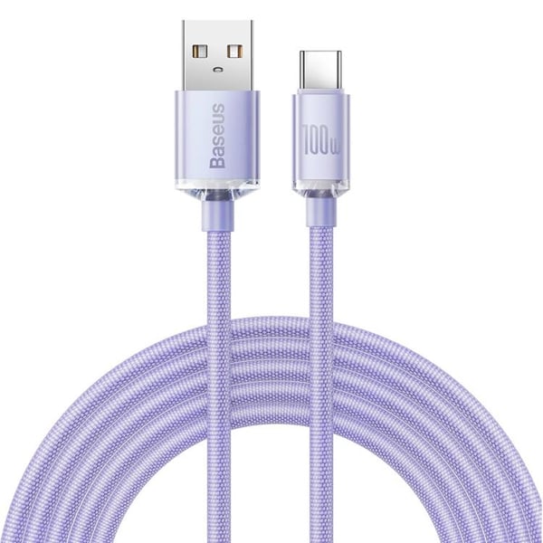 Baseus Crystal USB-C til USB-A kabel 100W 2m - Lilla Baseus Crystal USB-C til USB-A kabel 100W 2m - Lilla
