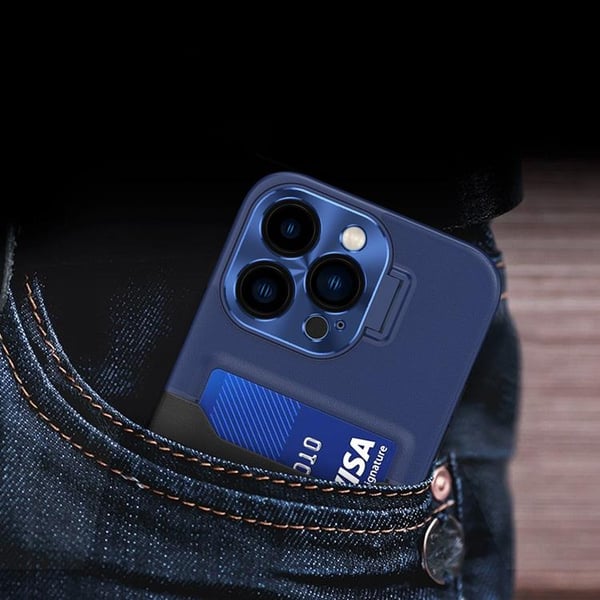 iPhone 14 Pro Max Skal Korthållare Läder Kickstand - Blå