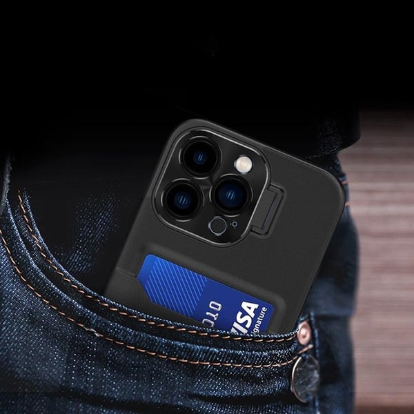 iPhone 14 Pro Skal Korthållare Läder Kickstand - Svart