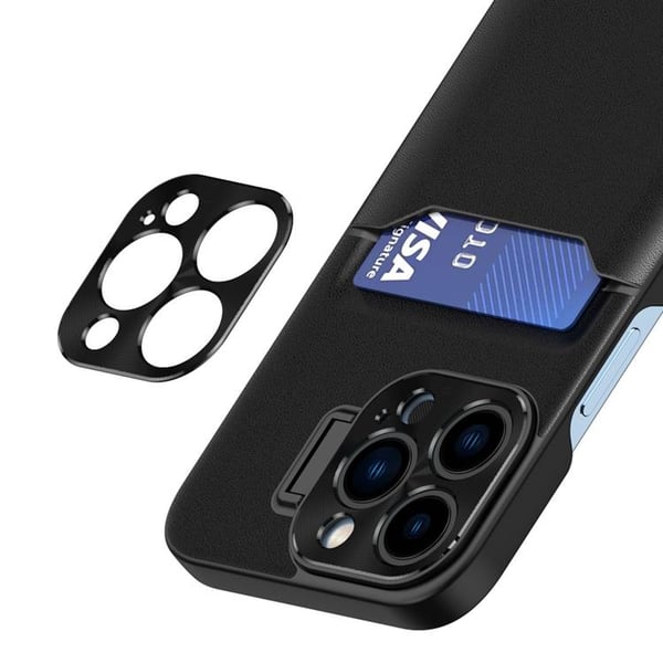 iPhone 14 Plus Skal Korthållare Läder Kickstand - Svart