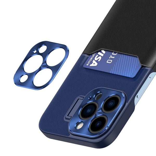 iPhone 14 Skal Korthållare Läder Kickstand - Blå