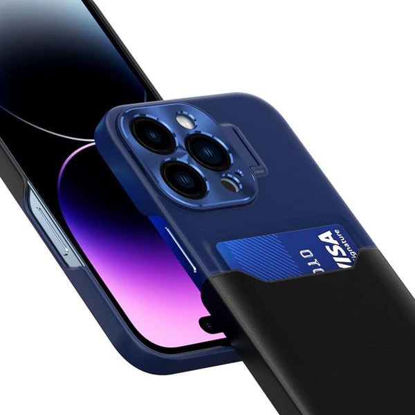 iPhone 14 Skal Korthållare Läder Kickstand - Blå