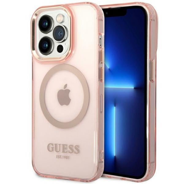 Guess Mobilskal till iPhone 14 Pro Max MagSafe Gold Outline - Rosa