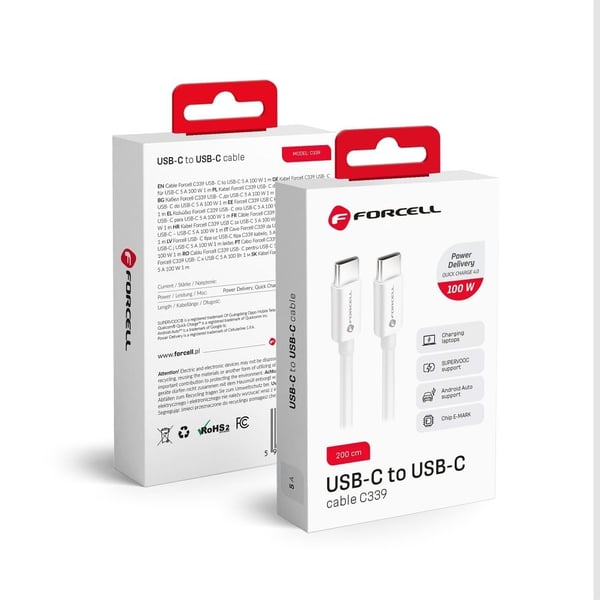 FORCELL USB-C til USB-C kabel QC4.0 5A/20V PD100W 2m