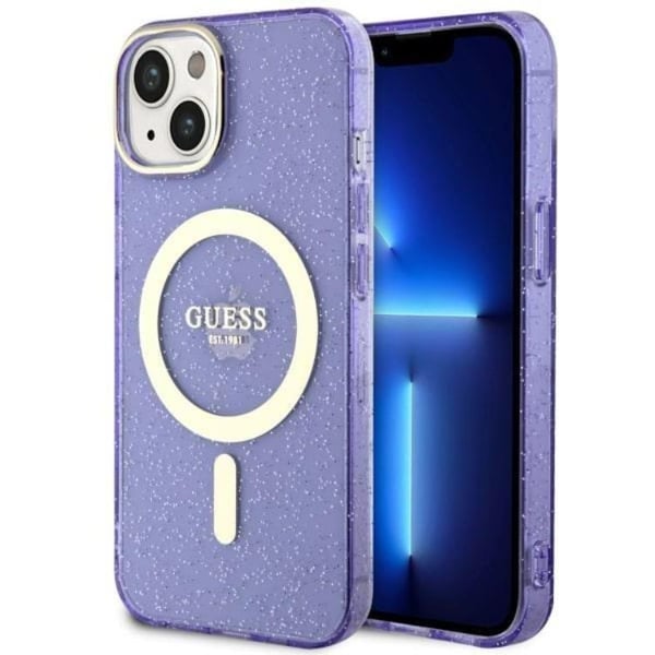 Guess Mobilskal till iPhone 14 MagSafe Glitter Guld - Lila