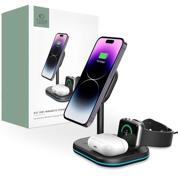 Tech-Protect 3-i-1 trådløs oplader Magsafe iPhone Apple Watch AirPods - Sort