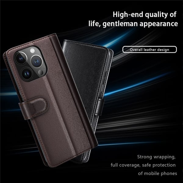 iPhone 15 Pro Max Plånboksfodral Äkta Läder Anti-Dust - Brun