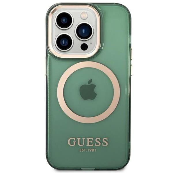 Guess iPhone 14 Pro Mobilcover Magsafe Guld Outline - Khaki