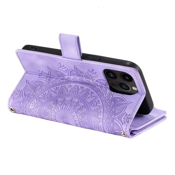 iPhone 15 Pro Max Plånboksfodral Mandala Flower Imprinted - Lila