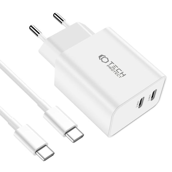 Tech-Protect 2-Port Nätverk Laddare Med USB-C Kabel 35W 1m - Vit