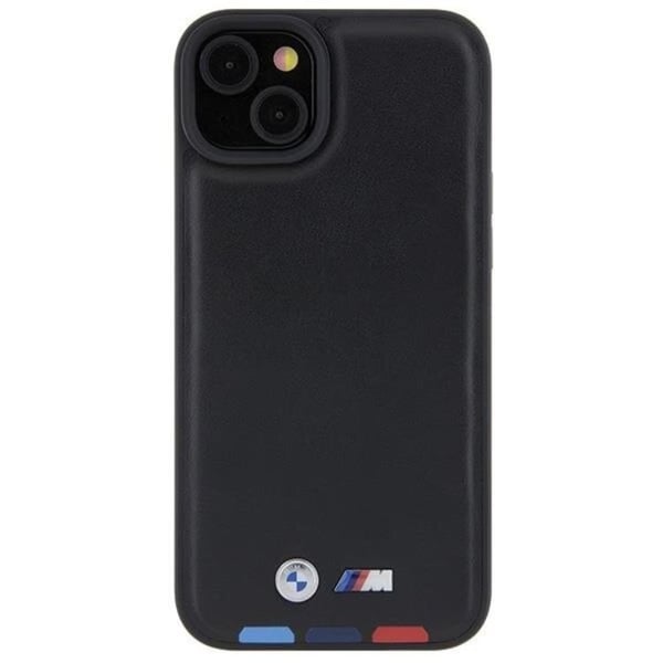 BMW Mobilskal till iPhone 15 Läder Stamp Tricolor - Svart