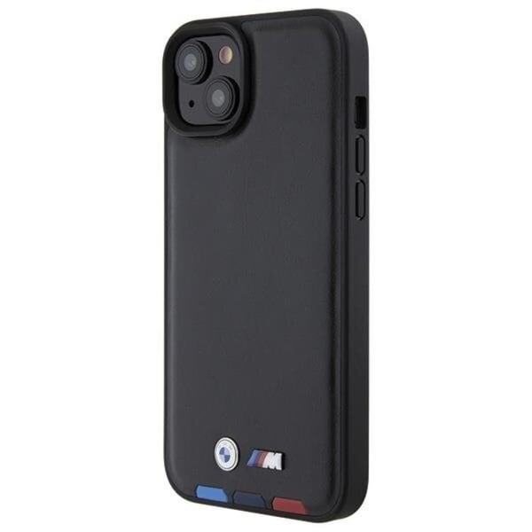 BMW Mobilskal till iPhone 15 Läder Stamp Tricolor - Svart