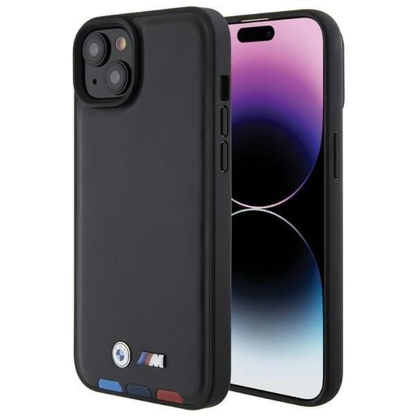 BMW Mobilskal till iPhone 15 Läder Stamp Tricolor - Svart