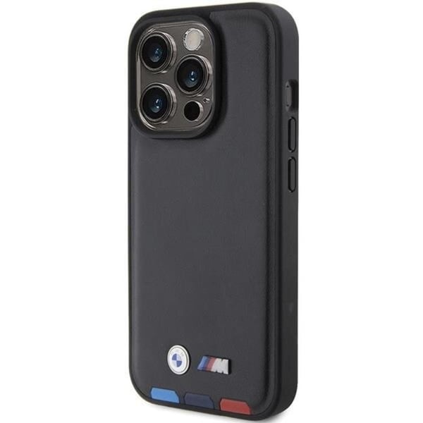 BMW Mobilskal till iPhone 15 Pro Max Läder Stamp Tricolor - Svart