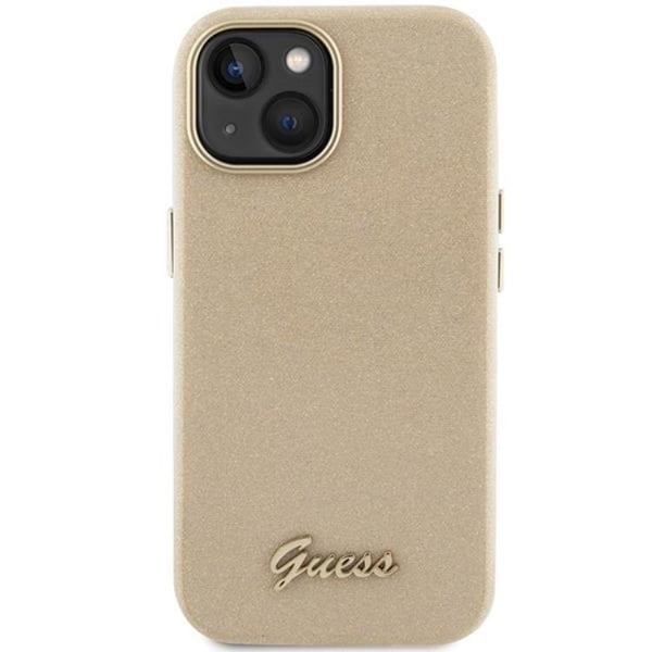 Guess Mobilskal till iPhone 15 Glitter Glossy Script - Guld