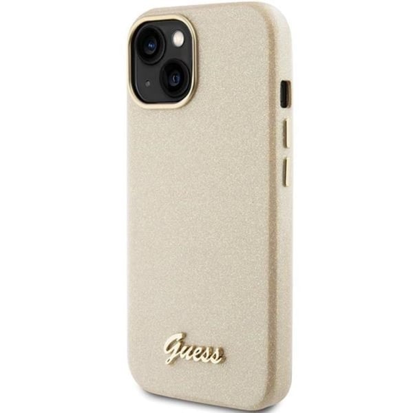 Guess Mobilskal till iPhone 15 Glitter Glossy Script - Guld