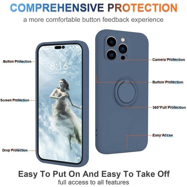Mobilcover til iPhone 15 Pro Ringholder Liquid Silikone - Midnatsblå