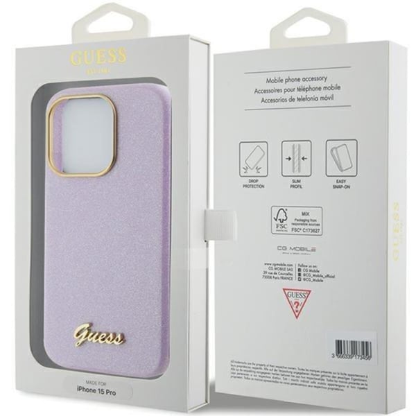 Guess Mobilskal till iPhone 15 Pro Glitter Glossy Script - Lila