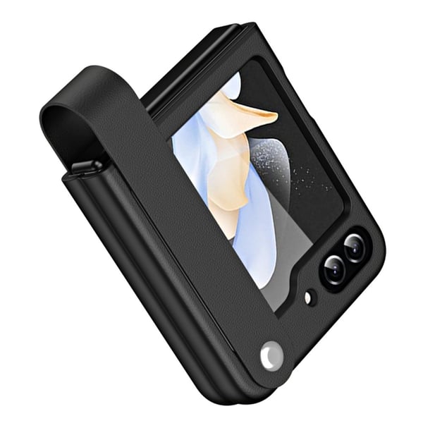 Galaxy Z Flip 6 / 7 FE Skal Med Finger Strap Läder Svart Galaxy Z Flip 6 / 7 FE Skal Med Finger Strap Läder Svart
