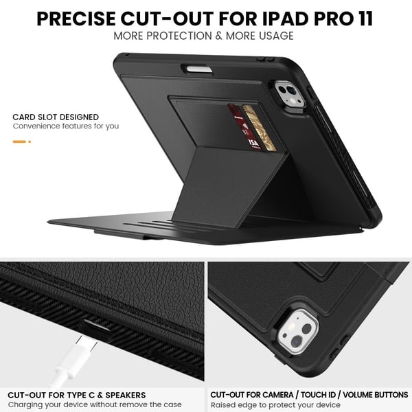 iPad Pro 11 2025/2024 Fodral Läder Kickstand Korthållare Svart