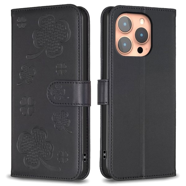 iPhone 16 Pro Fodral Fyrklöver Läder Svart iPhone 16 Pro Fodral Fyrklöver Läder Svart