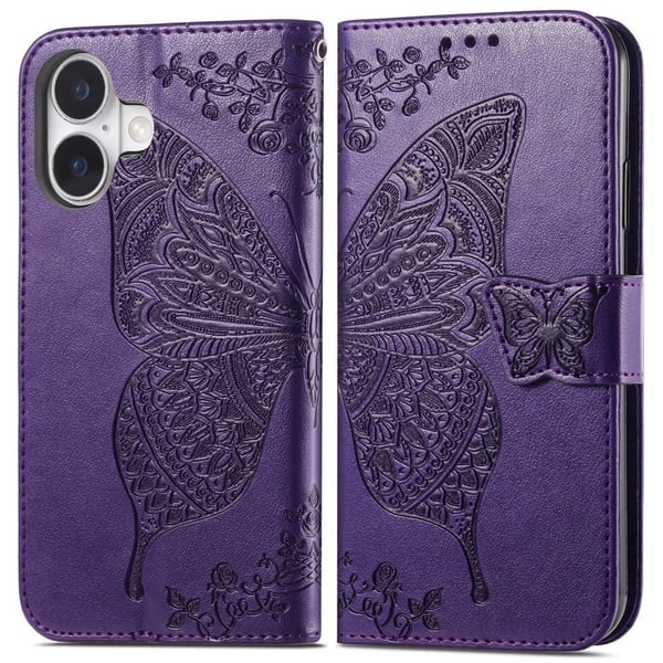 iPhone 16 Fodral Fjäril Tryck Mörk Lila