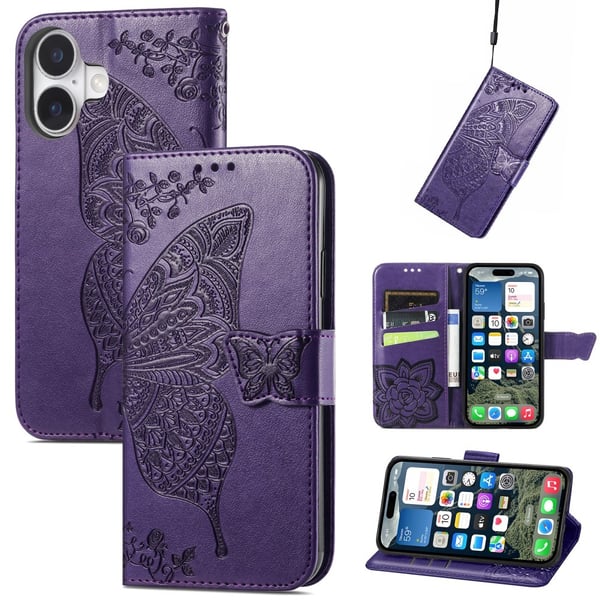 iPhone 16 Fodral Fjäril Tryck Mörk Lila