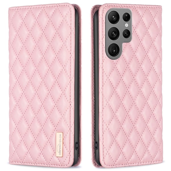 BINFEN Galaxy S25 Ultra Fodral Flip Diamond Läder Rosa