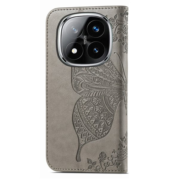 Xiaomi Redmi Note 14 Pro 5G Fodral Läder Fjäril Tryck Grå
