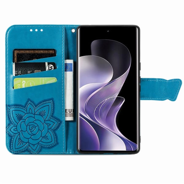 Xiaomi Redmi Note 14 Pro 5G Fodral Läder Fjäril Tryck Blå