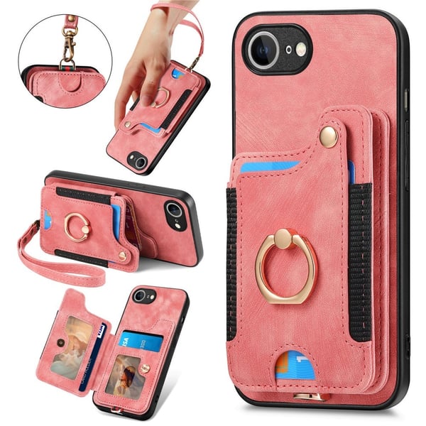 iPhone 17e / 16e Skal Med Korthållare RFID Retro Läder Rosa