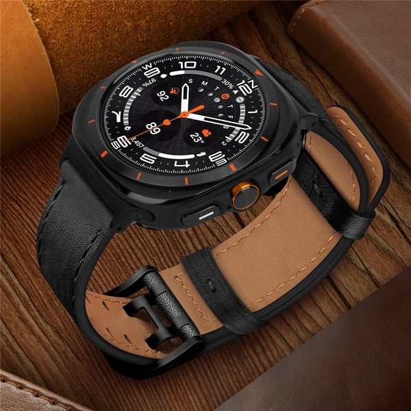 Samsung Galaxy Watch 8 46/44/40 mm Armband Äkta Läder Svart
