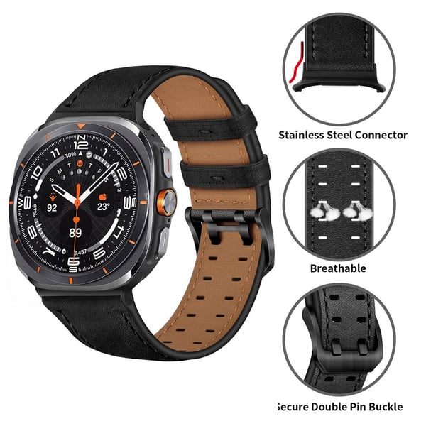 Samsung Galaxy Watch 8 46/44/40 mm Armband Äkta Läder Svart