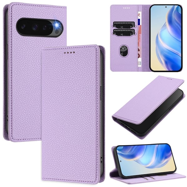 Google Pixel 10/10 Pro / 9/9 Pro Fodral RFID Litchi Läder Lila