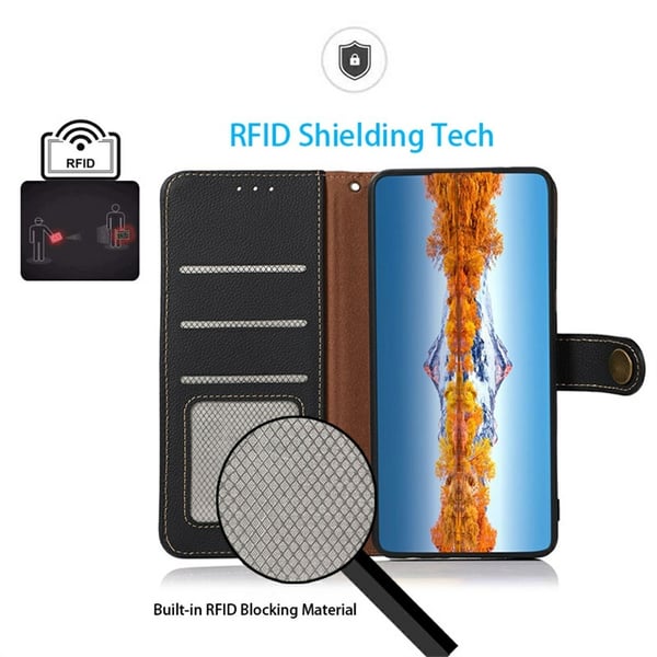 KHAZNEH iPhone 17 Pro Max Fodral RFID Äkta Läder Svart